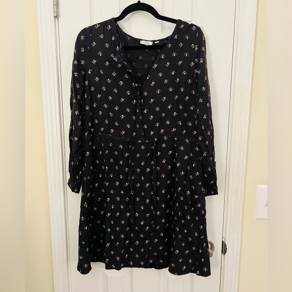 Fat Face Black Floral Waist Tie Dress Size: 10